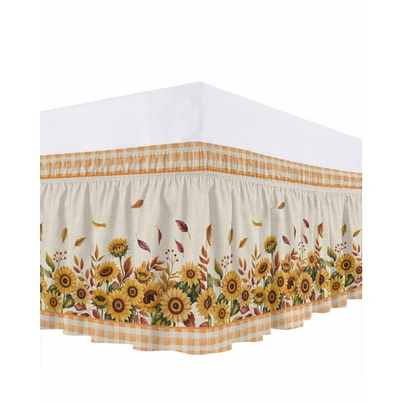 Fall Sunflower Bed Skirt Queen Size 18 Inch Drop, Thanksgiving Watercolor Leaf Flower Plaid Wrap Around Dust Ruffle Bedskirts, Wrinkle & Fade Resistant Easy Fit Bedskirt with Adjustable Elastic