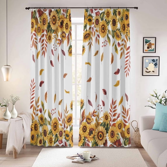 Fall Sunflower Blackout Curtains for Bedroom/Living Room, Pinch Pleated Black Out Curtains, Autumn Leaves Vintage Fruit Watercolor Room Darkening Window Drapes with Hooks 2 Panels, 59"x70"