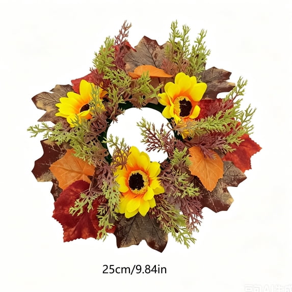 Fall Sunflower Candle Rings Wreaths with Maple Leaves | 10 Inch Autumn Harvest Front Door Wreath, Thanksgiving Wall Hanging Decor, 1-Pack