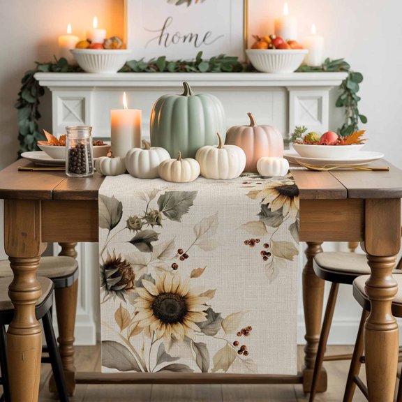 Fall Sunflower Cotton Linen Table Runner, Washable Table Runners for Kitchen, Dining Room, Holiday, Home Party Table Decor, 13x36 Inches