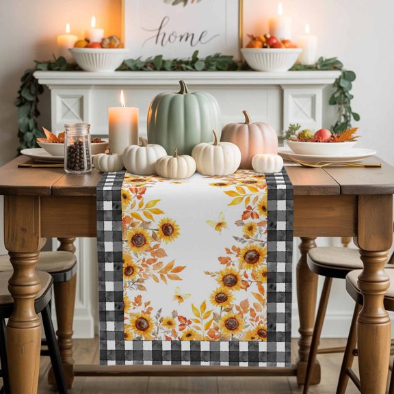 Fall Sunflower Cotton Linen Table Runner, Washable Table Runners for Kitchen, Dining Room, Holiday, Home Party Table Decor, 13x36 Inches