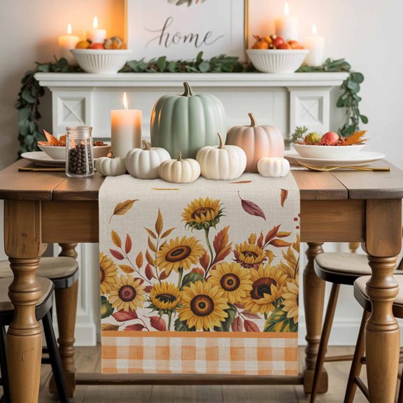 Fall Sunflower Cotton Linen Table Runner, Washable Table Runners for Kitchen, Dining Room, Holiday, Home Party Table Decor, 13x36 Inches