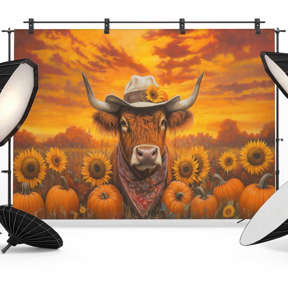 Fall Sunflower Cow Backdrop for Photography,Fabric Photo Background Backdrop,Thanksgiving Pumpkin Autumn Leaves Photo Booth Background for Portrait Photoshoot Video Wedding Studio Decor Banner 7x5ft