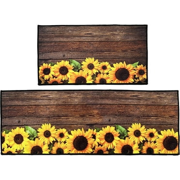 Fall Sunflower Farmhouse 2 Piece Kitchen Mat Set, Non-Slip Anti-Fatigue Wooden Grain Standing Mats, Retro Thanksgiving Comfort Throw Rug for Kitchen Laundry Office, 17"x29"+17"x47"