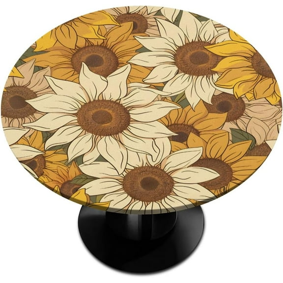Fall Sunflower Flower Round Tablecloths with Elastic Edge Fitted Round Table Cloth Small Wipeable Washable Circle Table Covers for Dinner Patio Party Indoor Outdoor Kitchen Decor (Fit 36-44 In)