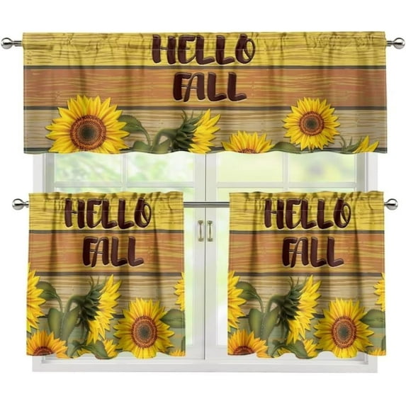 Fall Sunflower Kitchen Curtain Valance and Tiers Set of 3 Blocks Outside Light Cafe Fall Bathroom Window Curtains
