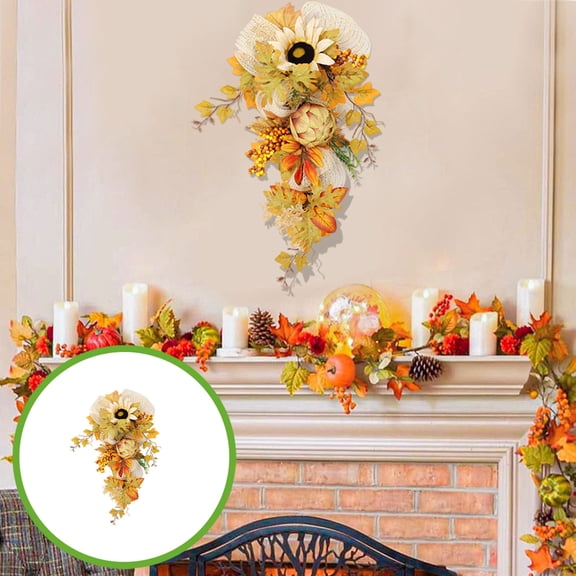 Fall Sunflower Maple Leaf Decor Set with Wreath Rattan Teardrop Swag, Artificial Floral Greenery Collection for Thanksgiving Halloween Front Door Porch Wall Mantel Home Decoration, B
