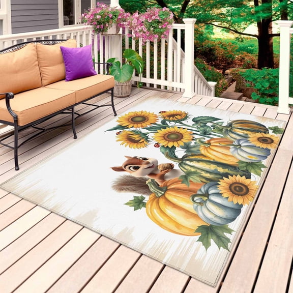 Fall Sunflower Outdoor Rug for Patio/Deck/Porch, Non-Slip Large Area Rug 5 x 8 Ft, Orange Green Blue Pumpkin Squirrel Indoor Outdoor Rugs Washable Area Rugs, Reversible Camping Rug Carpet Runner