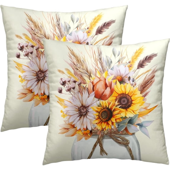 Fall Sunflower Pillow Covers 18x18 Inch Set of 2 Yellow Floral Wheat Flower Mason Jar Rustic Decorative Pillow Cushion Cases for Outdoor Couch Sofa Home Fall Harvest Party Decor