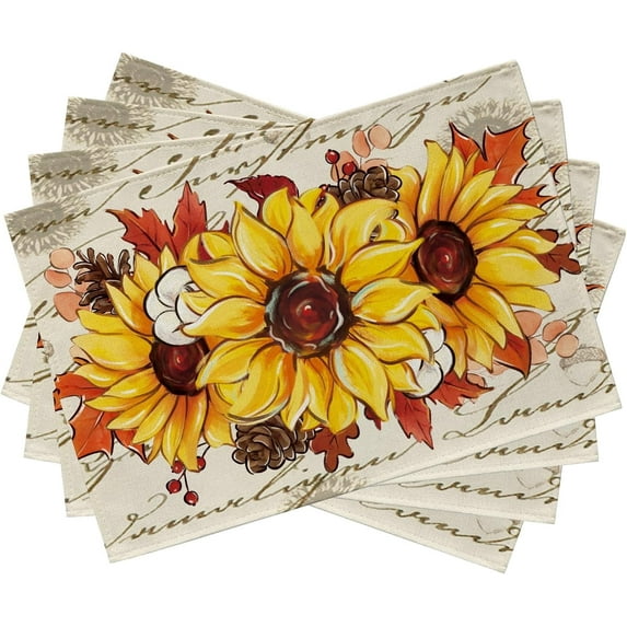 Fall Sunflower Placemats Set of 4, Autumn Flower Floral Maple Leaves Dining Table Place Mats, Seasonal Spring Summer Kitchen Decor Home Decoration 12 x 18 Inch