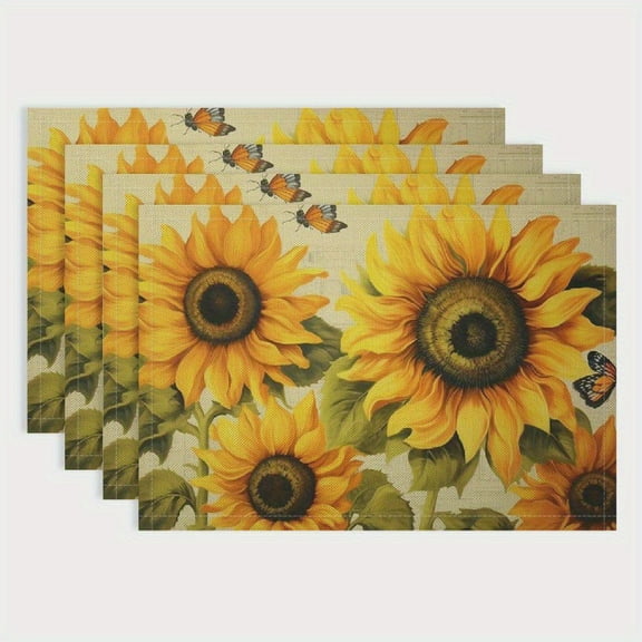 Fall Sunflower Placemats Set of 4, Spring Summer Yellow Floral Flowers Rustic Vintage Dining Table Place Mats, Eucalyptus Leaves Seasonal Kitchen Decor Home Decoration 12 x 18 Inch