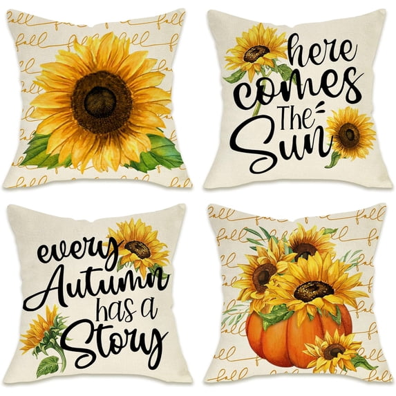 Fall Sunflower Pumpkin Decorative Throw Pillow Cover 16x16 Set of 4, Autumn Flower Quote Farmhouse Porch Patio Outdoor Pillowcase, Harvest Seasonal Vintage Sofa Couch Cushion Case Home Decor