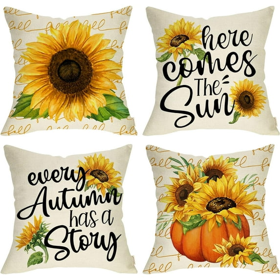 Fall Sunflower Pumpkin Decorative Throw Pillow Cover 18x18 Set of 4, Autumn Flower Quote Farmhouse Porch Patio Outdoor Pillowcase, Harvest Seasonal Vintage Sofa Couch Cushion Case Home Decor