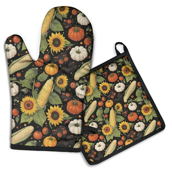 Fall Sunflower Pumpkin Kitchen Oven Mitt and Pot Holder Sets 2 Pcs for Baking, Cooking and Grilling, Heat Resistant Up To 392 °F