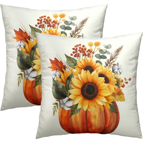 Fall Sunflower Pumpkin Pillow Cover Set of 2-18x18 Inch Autumn Flower Floral Harvest Seasonal Decorative Sofa Couch Cushion Case for Porch Patio Outdoor Indoor Home Decor