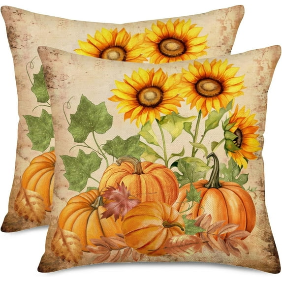 Fall Sunflower Pumpkin Pillow Cover Set of 2 20x20 Inch Autumn Flower Floral Harvest Seasonal Decorative Sofa Couch Cushion Case for Porch Patio Outdoor Indoor Home Decor