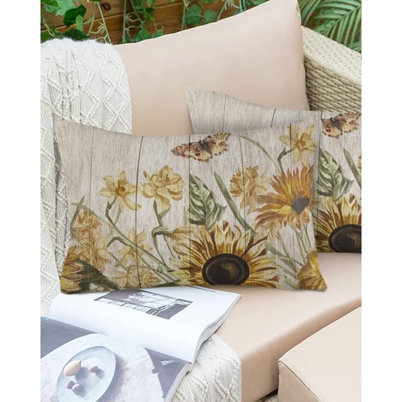 Fall Sunflower Rustic Wood Grain Outdoor Pillow Covers Waterproof Throw Pillow Cover 20x12in Set of 2,Rectangle Decorative Pillowcases Cushion Case for Patio Sofa Couch,Farm Garden Floral Butterfly