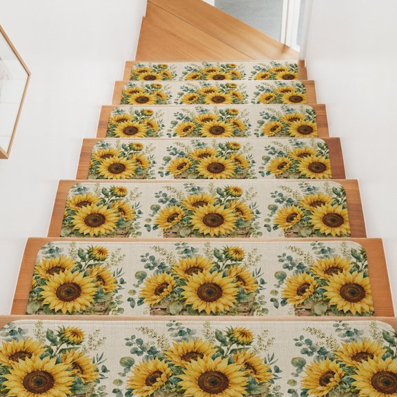 Fall Sunflower Stair Treads Non Slip for Steps Summer Eucalyptus Leaf Shabby Chic Floral Linen Texture 4 Pcs Reusable Adhesive Stair Runner Mats for Pet Carpet Treads Rugs for Staircase 8x30 In