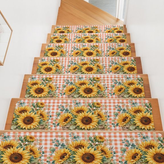 Fall Sunflower Stair Treads Non Slip for Steps Summer Eucalyptus Leaf Shabby Chic Floral Orange Plaid 15 Pcs Reusable Adhesive Stair Runner Mats for Pet Carpet Treads Rugs for Staircase 8x30 In