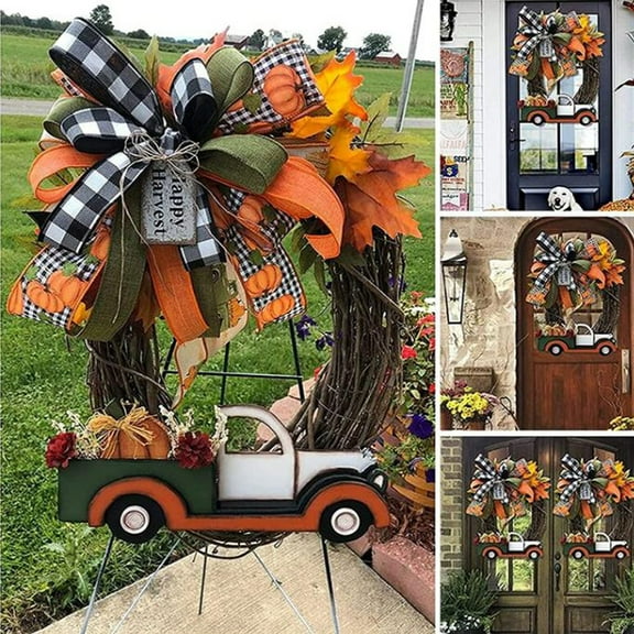 Happy Date Fall Sunflower Wreaths for Front Door, 12 Inch Retro Pumpkin Truck Wreath, Front Door Welcome Wreath, Halloween Farmhouse Wreath, Green Pickup Truck, Autumn,Sunflower