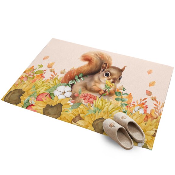 Fall Sunflowers 2'x3' Small Rugs for Entryway Front Door Kitchen Sink Area, Cute Squirrel Thanksgiving Fall Leaves Soft Sturdy Mats Washable Non Slip Rectangle Area Rug