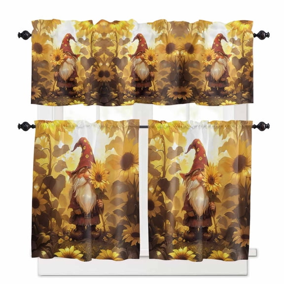 Fall Sunflowers Gnomes Kitchen Curtains and Valances Set, 3 Piece Kitchen Curtains Set 24 Inch Length, Autumn Floral Botanical Rod Pocket Curtains Tier Farmhouse Window Curtains