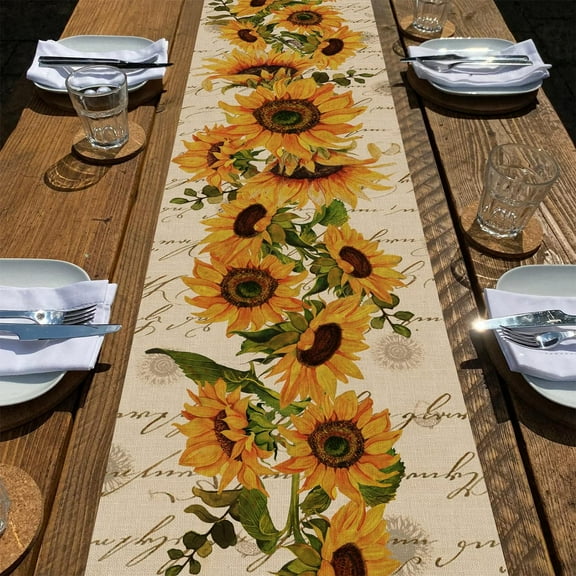 Fall Sunflowers Table Runner, Vintage Spring Summer Flower Home Kitchen Dining Decor, Seasonal Farmhouse Floral Decorations Indoor Outdoor Party Supply
