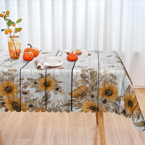 Fall Sunflowers Tablecloth Rectangle, Farmhouse Gray Wooden Grain Table Cover for Kitchen Decor, 60x84 Inch