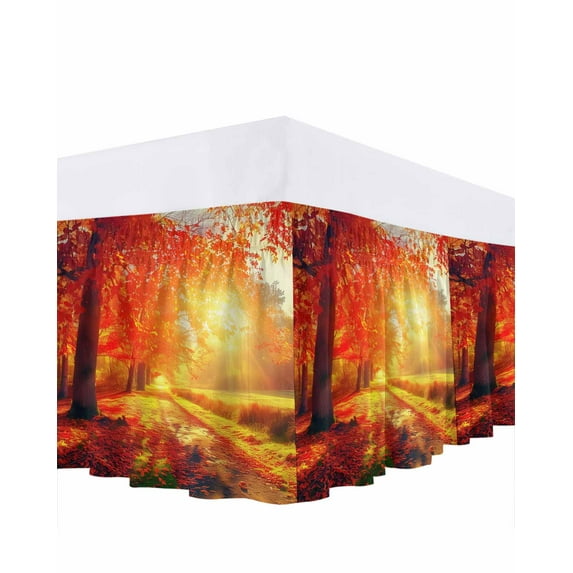 Fall Sunset Bed Skirt California King Size 18 Inch Drop, Forest Red Leaf Autumn Wrap Around Dust Ruffle Bedskirts, Wrinkle & Fade Resistant Easy Fit Bedskirt with Adjustable Elastic