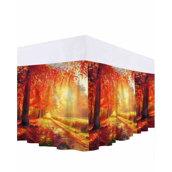 Fall Sunset Bed Skirt Queen Size 18 Inch Drop, Forest Red Leaf Autumn Wrap Around Dust Ruffle Bedskirts, Wrinkle & Fade Resistant Easy Fit Bedskirt with Adjustable Elastic