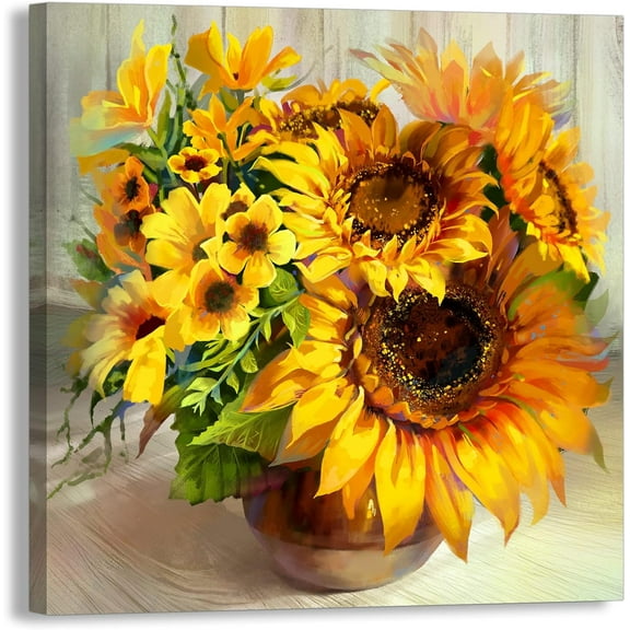Fall Sunshine Sunflower Bathroom Decor Wall Art Farmhouse Kitchen Paintings for Wall Decorations Countryside Vintage Framed Canvas Artwork Printing Ready to Hang for Living Room Bedroom 14"x14"