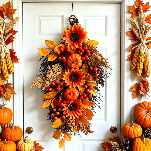 Fall Swag,Artificial Maple Pumpkin Wreath Swags,Lightweight Fall Door Swag Hanging,Autumn Harvest Teardrop Hanging Ornament,Realistic Faux Foliage Pumpkin Teardrop Wreath for Fireplace,Holiday
