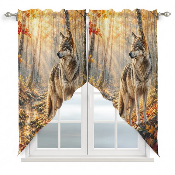 Fall Swag Curtain Valance for Windows, Timber Wolf Orange Maple Leaves Forest Creek Sunbeam Rustic Window Treatments Short Swag Topper for Kitchen Windows Bathroom Bedroom, 36"x63"
