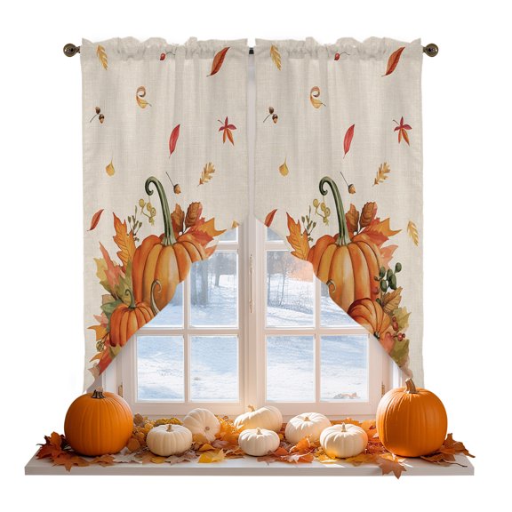 Fall Swag Curtain Valances Orange Pumpkin Swag Valances for Kitchen Windows Autumn Maple Leaf Nuts Thanksgiving Short Topper Curtains Valance Tier Pair for Kitchen Bedroom Living Room 28"x36"