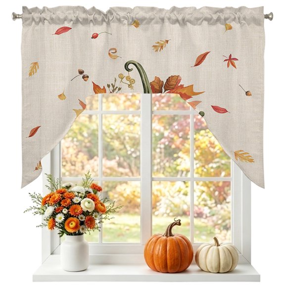 Fall Swag Curtain Valances Orange Pumpkin Swag Valances for Kitchen Windows Autumn Maple Leaf Nuts Thanksgiving Window Treatment Curtains Drapes for Kitchen Bedroom Living Room Bathroom 56"x36"