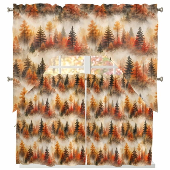 Fall Swag Curtains for Living Room/Bedroom Windows, Farmhouse Country Orange Green Pine Trees Kitchen Curtains and Valances Set 36 Inch Length, Light Filtering Swags Valance Curtain Panels