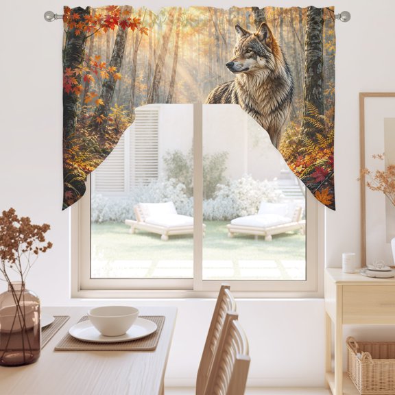 Fall Swag Valance for Windows, Timber Wolf Orange Maple Leaves Forest Creek Sunbeam Rustic Swag Curtains Valances for Small Window Treatment Rod Pocket for Kitchen Bathroom 1 Panel 56x36in