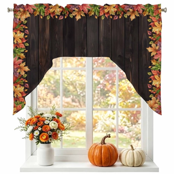Fall Swag Valances for Windows 56 x 36 Inch, Thanksgiving Rustic Colorful Maple Leaf Brown Wood Grain Rod Pocket Light Filtering Window Topper for Kitchen Bathroom Bedroom Living Room