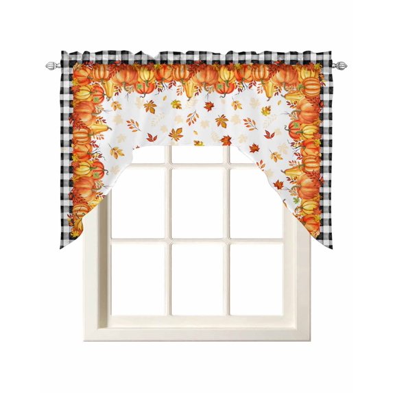 Fall Swag Valances for Windows, Small Curtains Drapes, Orange Pumpkins Thanksgiving Maple Leaf Plaid Kitchen Window Curtains Over Sink Rod Pocket Window Treatment Valance for Bedroom/Bathroom 56"x36"
