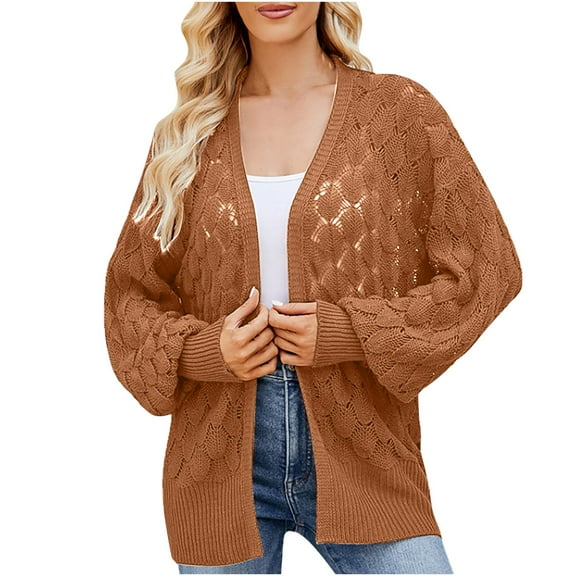 Fall Sweater Cardigans Trendy Crochet Knit Open Front Outerwear Coats Womens Loose Lightweight Comfy Casual Knitwear (L, Brown)
