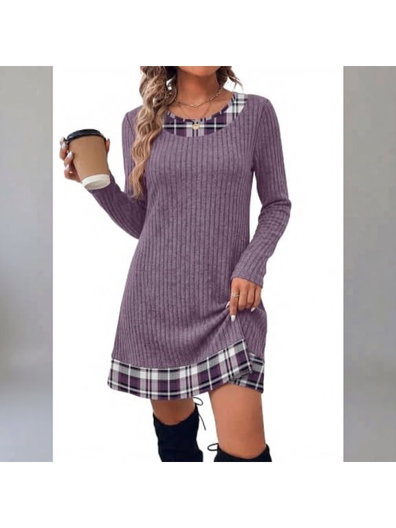 Fall Sweater Dress for Women Long Sleeve Plaid Patchwork Crew Neck Mini Dress Warm Fall Winter Casual Party Wear Home Loungewear Purple L
