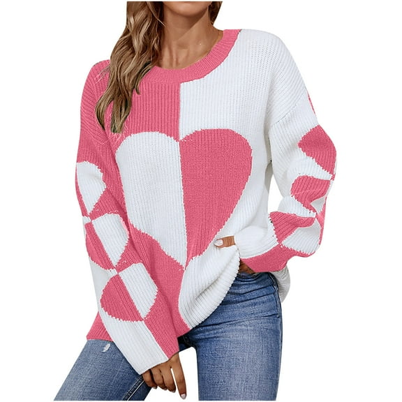 Fall Sweater For Women 2024 Trendy Round Neck Sweater Loose Long Sleeve Color Blocked Cute Love Heart Printed Sweater Hot Pink XL