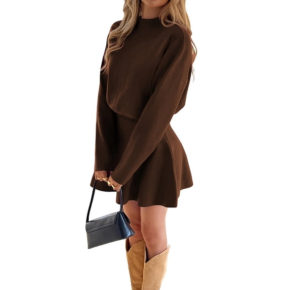 Fall Sweater Sets Skirt Sets Women 2 Piece Outfits Long Sleeve Top and Skirts Set Brown M
