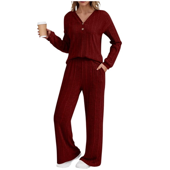 Fall Sweater Sets Women 2 Piece Outfits Fashion Button Ribbed Knit Pullover Tops and High Waisted Wide Leg Casual Long Pants with Pockets