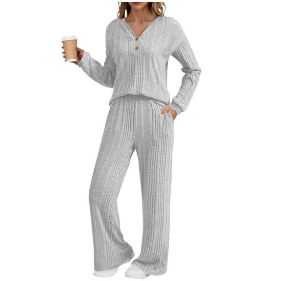 Fall Sweater Sets Women 2 Piece Outfits Fashion Button Ribbed Knit Pullover Tops and High Waisted Wide Leg Casual Long Pants with Pockets