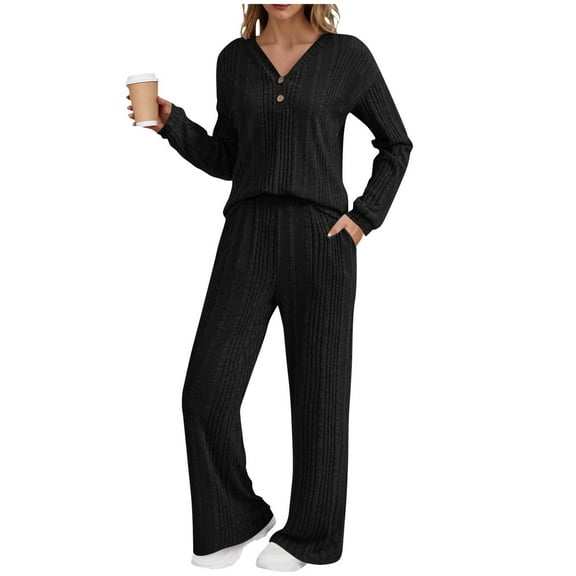Fall Sweater Sets Women 2 Piece Outfits Fashion Button Ribbed Knit Pullover Tops and High Waisted Wide Leg Casual Long Pants with Pockets