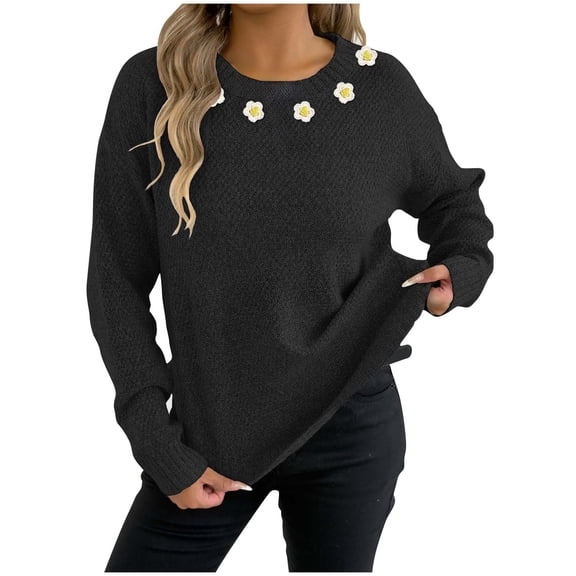 Fall Sweater Womens Long Sleeve Floral Sweaters Casual Winter Clothes Crewneck Soft Pullover Tops Black, S
