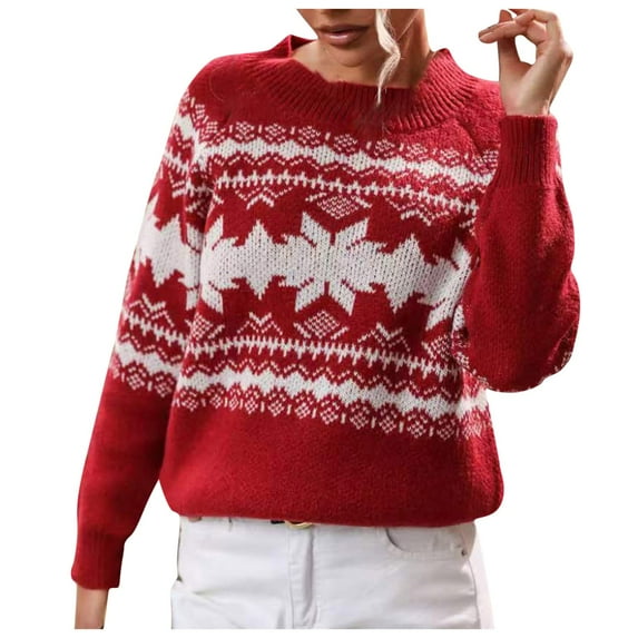 Fall Sweater for Women Red Xmas Holiday Sweater Snowflake Reindeer Long Sleeve Holiday Knit Xmas Sweater Pullover Women Sweaters Cheap