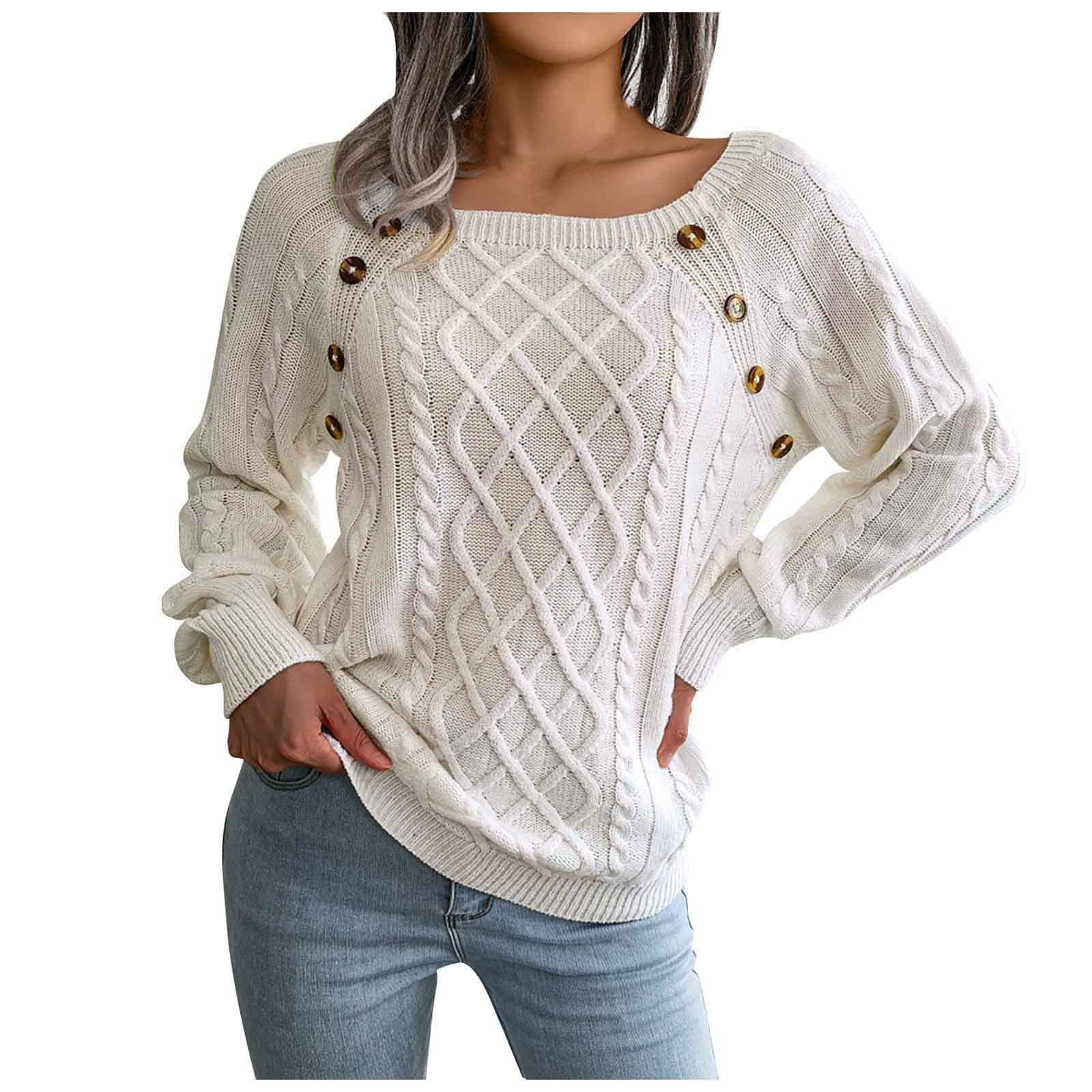 Fall Sweater for Women 2023 Long Sleeve Scoop Neck Button Cable Knitted ...