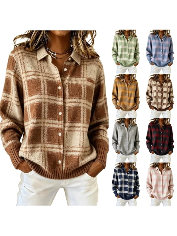 Fall Sweater for Women 2026 Grunge Argyle Plaid Preppy Y2K Cardigan Chunky Knit Vintage Sweater